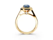 Halo Engagement Ring Setting for Fancy Blue Emerald Cut Center with Outer Bezel Rim, Pave Band and Prong Head in Yellow Gold