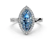 Halo Engagement Ring Setting for Fancy Blue Marquise Center with Twist Band and Prong Head in White Gold