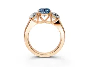 3 Stone Engagement Ring Setting for Fancy Blue Round Cut Center with Raised Basket Heads and Prong Head in Rose Gold