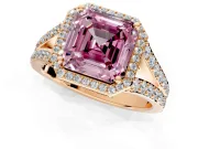 Halo Engagement Ring Setting for Fancy Pink Asscher Cut Center with Narrow Pave Split Shank and Prong Head in Rose Gold