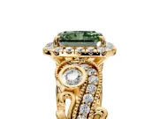 Milgrain Halo Engagement Ring Setting for Fancy Green Radiant Cut Center with Shoulder Bezels and Prong Head in Yellow Gold