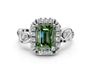 Halo Engagement Ring Setting for Fancy Green Emerald Cut Center with Open Scroll Shoulders and Prong Head in Platinum