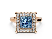 Single Halo Engagement Ring Setting for Fancy Blue Princess Cut Center with Corner Claws, Plain Band and Prong Head in Rose Gold