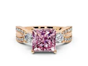 3 Stone Engagement Ring Setting for Fancy Pink Princess Cut Center with Pave Twist Band and Prong Head in Rose Gold