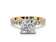 Solitaire Engagement Ring Setting for Princess Cut Center with Fine Pave Band and Claw Prong Head in Yellow Gold