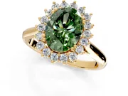Starburst Halo Engagement Ring Setting for Fancy Green Oval Center with Thin Round-Wire Band and Prong Head in Yellow Gold