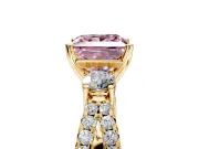 3 Stone Engagement Ring Setting for Fancy Pink Princess Cut Center with Pave Split Shank and Prong Head in Yellow Gold