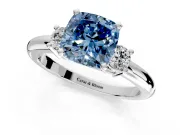 3 Stone Engagement Ring Setting for Fancy Blue Cushion Cut Center with Wide Plain Band and Prong Head in Platinum