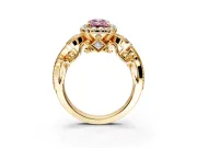 Milgrain Halo Engagement Ring Setting for Fancy Pink Emerald Cut Center with Shoulder Bezels and Prong Head in Yellow Gold