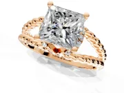 Halo Engagement Ring Setting for Princess Cut Center with Rope Twist Split Shank and Prong Head in Rose Gold