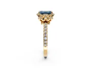 Halo Engagement Ring Setting for Fancy Blue Emerald Cut Center with Openwork Halo, Pave Band and Prong Head in Yellow Gold
