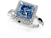 Halo Engagement Ring Setting for Fancy Blue Princess Cut Center with Pave and Plain Twist Band and Prong Head in White Gold