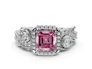 Milgrain Halo Engagement Ring Setting for Fancy Pink Asscher Cut Center with Shoulder Bezels and Prong Head in Platinum