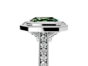 Halo Engagement Ring Setting for Fancy Green Asscher Cut Center with Milgrain Pave Band and Bezel Head in White Gold