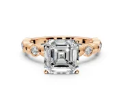 Solitaire Engagement Ring Setting for Asscher Cut Center with Beaded Bezel Station Band and Prong Head in Rose Gold