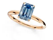 Low-Set Solitaire Engagement Ring Setting for Fancy Blue Emerald Cut Center with Thin Plain Band and Prong Head in Rose Gold
