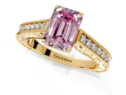 Solitaire Engagement Ring Setting for Fancy Pink Emerald Cut Center with Engraved Pave Band and Prong Head in Yellow Gold