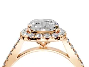 Halo Engagement Ring Setting for Cushion Cut Center with Narrowing Pave Band and Prong Head in Rose Gold