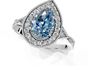 Halo Engagement Ring Setting for Fancy Blue Pear-Shaped Center with Milgrain Rim, Pave Band and Prong Head in White Gold