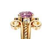 Solitaire Engagement Ring Setting for Fancy Pink Cushion Cut Center with Twisted Band and Scroll Prong Head in Yellow Gold