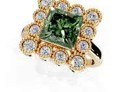 Cluster Halo Engagement Ring Setting for Fancy Green Princess Cut Center with Milgrain Bezel Accents and Prong Head in Yellow Gold