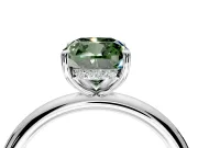 Hidden Halo Engagement Ring Setting for Fancy Green Cushion Cut Center with Thin Rounded Band and Prong Head in Platinum