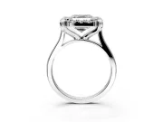 Single Halo Engagement Ring Setting for Asscher Cut Center with Corner Claws, Plain Band and Prong Head in Sterling Silver