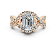 Halo Engagement Ring Setting for Emerald Cut Center with Pave Infinity Twist Band and Prong Head in Rose Gold