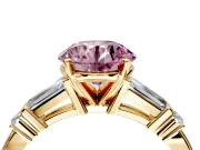 Bar-Set Engagement Ring Setting for Fancy Pink Round Cut Center with Tapered Baguette Accents and Prong Head in Yellow Gold