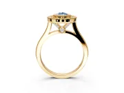 Halo Engagement Ring Setting for Fancy Blue Pear-Shaped Center with Milgrain Frame, Pave Band and Prong Head in Yellow Gold