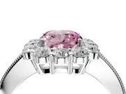 Halo Engagement Ring Setting for Fancy Pink Cushion Cut Center with Milgrain Channel Band and Prong Head in Sterling Silver