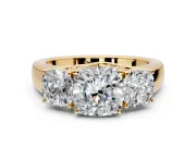 3 Stone Engagement Ring Setting for Cushion Cut Center with Raised Basket Heads and Prong Head in Yellow Gold