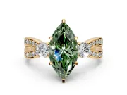 3 Stone Engagement Ring Setting for Fancy Green Marquise Center with Pave Twist Band and Prong Head in Yellow Gold