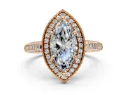 Milgrain Halo Engagement Ring Setting for Marquise Center with Three-Sided Pave Band and Prong Head in Rose Gold