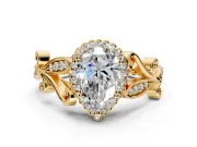 Halo Engagement Ring Setting for Pear-Shaped Center with Leaf Motif Split Shank and Prong Head in Yellow Gold