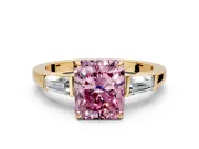 3 Stone Engagement Ring Setting for Fancy Pink Radiant Cut Center with Baguette Accents and Prong Head in Yellow Gold