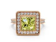 Halo Engagement Ring Setting for Fancy Yellow Princess Cut Center with Milgrain Frame, Pave Band and Prong Head in Rose Gold