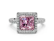 Halo Engagement Ring Setting for Fancy Pink Princess Cut Center with Inner Milgrain Border and Prong Head in White Gold