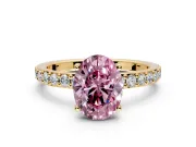 Solitaire Engagement Ring Setting for Fancy Pink Oval Center with Round Cut Pave Band and Prong Head in Yellow Gold