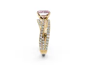 Solitaire Engagement Ring Setting for Fancy Pink Radiant Cut Center with Woven 3-Strand Pave Band and Prong Head in Yellow Gold