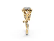 Halo Engagement Ring Setting for Cushion Cut Center with Leaf Motif Split Shank and Prong Head in Yellow Gold