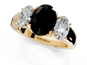 3 Stone Engagement Ring Setting for Fancy Black Oval Center with Raised Basket Heads and Prong Head in Yellow Gold