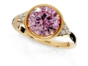 Cluster Engagement Ring Setting for Fancy Pink Round Cut Center with Milgrain Shoulder Clusters and Prong Head in Yellow Gold