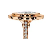 Halo Engagement Ring Setting for Marquise Center with Milgrain Frame, Pave Band and Prong Head in Rose Gold