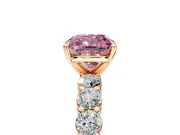 Shared-Prong Engagement Ring Setting for Fancy Pink Cushion Cut Center with Graduated Accents and Prong Head in Rose Gold