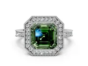 Halo Engagement Ring Setting for Fancy Green Asscher Cut Center with Milgrain Halo, Pave Band and Prong Head in Platinum