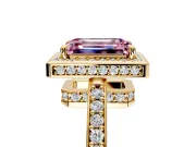 Halo Engagement Ring Setting for Fancy Pink Emerald Cut Center with Metal-Rimmed Halo, Pave Band and Prong Head in Yellow Gold