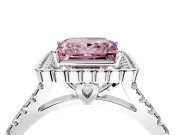 Milgrain Floral Halo Engagement Ring Setting for Fancy Pink Princess Cut Center with Pave Band and Prong Head in Platinum
