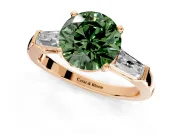 3 Stone Engagement Ring Setting for Fancy Green Round Cut Center with Tapered Baguettes, Plain Band and Prong Head in Rose Gold
