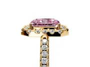 Pave Halo Engagement Ring Setting for Fancy Pink Radiant Cut Center with Single Row Pave Band and Prong Head in Yellow Gold
